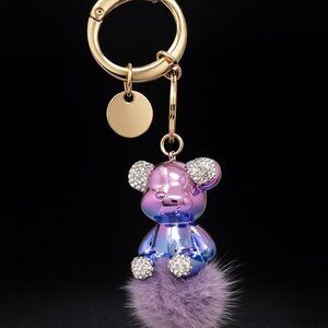 Glossy Teddy Bear with Fur Pom Pom and Rhinestone Keychain Bag Charm Purple NEW